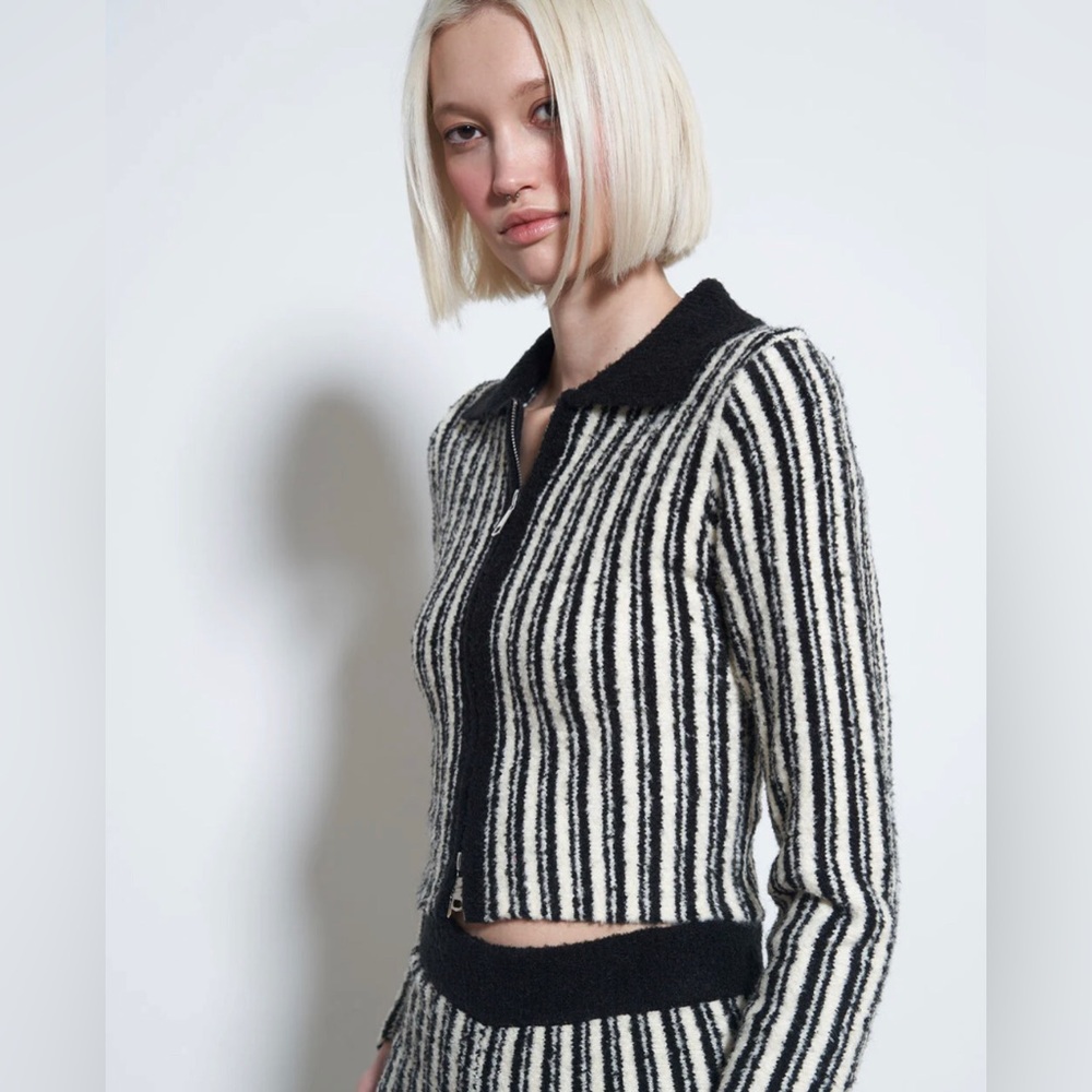 NWT Rationalle Penny Long Sleeve 2-Way Zip Top Knit Black & White Stripes sz Med